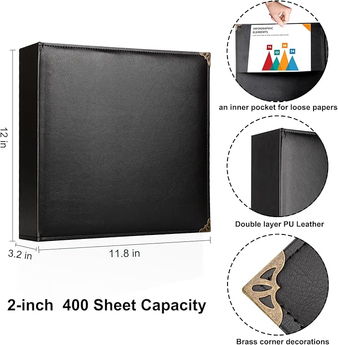 Vintage Hardback 3 Ring Binder 2 Inch, Professional Leather Binder 3 Ring, Three Ring Binders Fits 8.5" x 11", D Ring Binders for Photo Album, Home, School and Office Supplies- Black