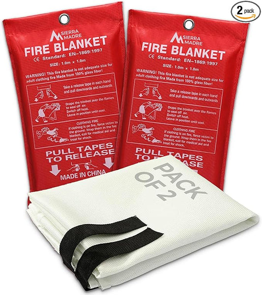 Sierra Madre Emergency Fire Blanket for Home and Kitchen – 100% Fiberglass Fire Suppression Blanket (40x40) for Car, Office & Camping – Instantly Smothers Flames – Lightweight & Reusable (Pack of 2)