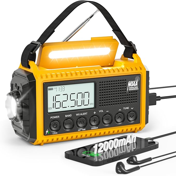 Emergency Radio 12000mAh with NOAA Weather Alert - Solar/Crank/Battery Powered AM/FM/Shortwave Radio, USB-C Charger, Portable SOS Flashlight for Hurricane, Power Outage, Camping Survival Gear
