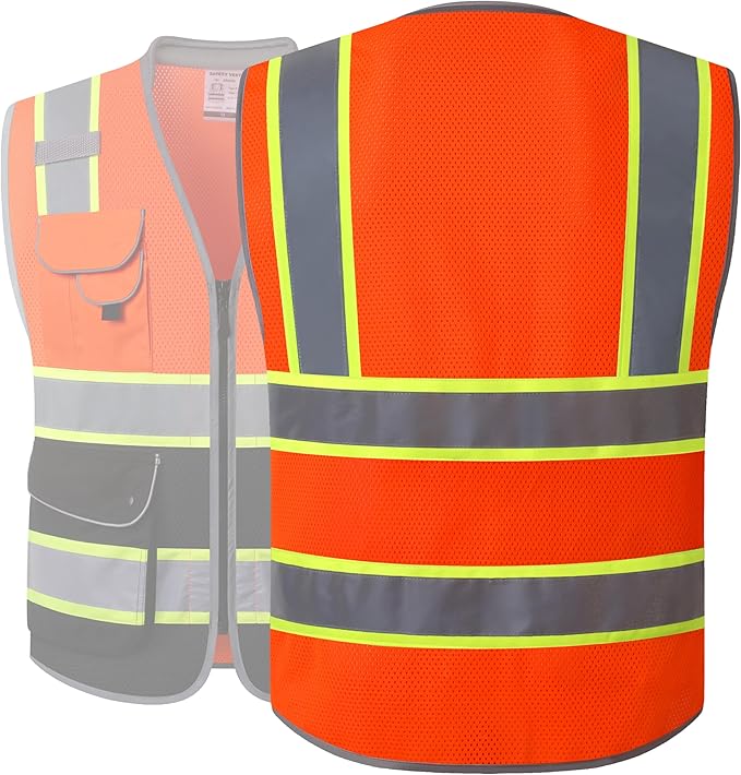 JKSafety 9 Pockets Hi-Vis Safety Vest High Visibility Reflecitive Mesh Safety Vests for Men and Women Cushioned Collar Work Utility PPE Work Gear ANSI/ISEA compliant Class 2 (101-OBlk L)