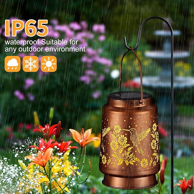 Solar Lantern Outdoor Hanging Waterproof Outside Metal Openwork Hummingbird Pattern Birthday Gifts for Women Mom Landscape Lights for Porch Garden Yard Patio Pathway Decor(Great Hummingbird)