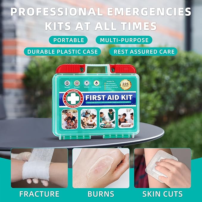 225 Pieces First Aid Kit, Includes Ice Pack, Adhesive Bandages, Wound Gauze Pads, Portable First Aid Bag for Home, Car, Business, Travel, Outdoor Emergency Medical Kits
