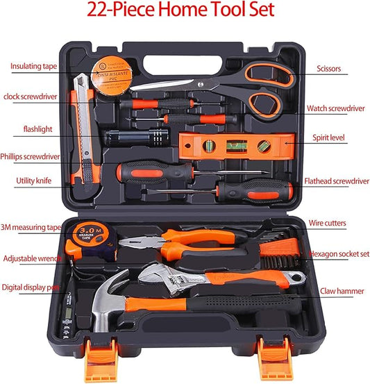 22-Piece Household Tool Box Set Mini Tool Set Basic Tool Kit for Home Suitable for Home Garage Office University Dormitory