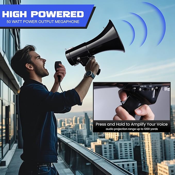 MyMealivos Bluetooth Megaphone with Siren Bullhorn 50 Watt Bullhorn Speaker with Detachable Microphone, Portable Lightweight Strap & 3.5mm Aux Input