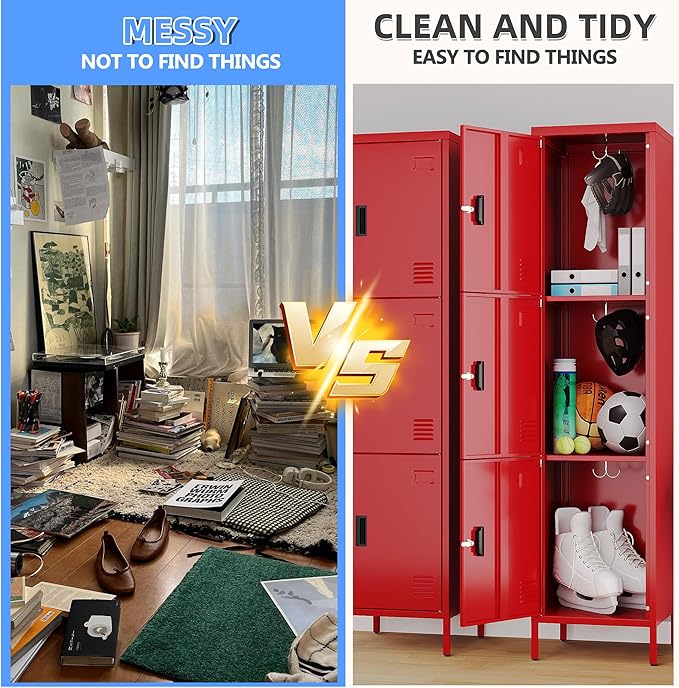 METAN Metal Storage Employees Lockers with 3 Lockable Doors and Hooks,66''H*16''W*16''D Locking Storage Cabinets for Small Spaces,Home,School,Gym,Assembly Required,Red