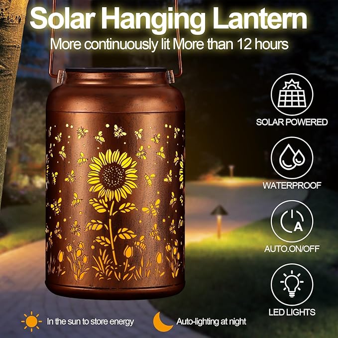 Solar Lanterns Outdoor, Waterproof Hanging Metal Solar Lanterns LED Decoration for Garden, Yard, Patio - Perfect Birthday Gifts for Women Mom Grandma(Sunflower+Bee)