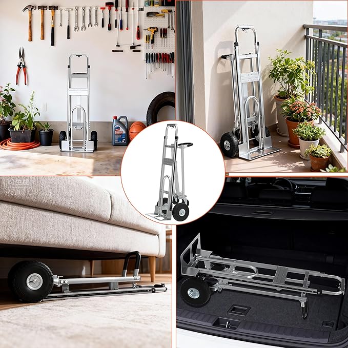 Aluminum Convertible Hand Truck, 800lbs 3 in 1 Folding Dolly Cart Lightweight Frame,Heavy Duty Industrial Platform Cart Handtruck for Construction, Logistics, Shopping, Home, Office Moving (Silver)