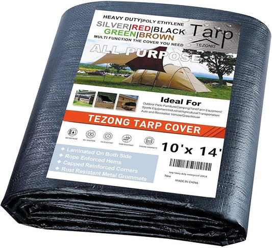 Tarps Heavy Duty Waterproof 10x14ft,TEZONG Black Tarp 12Mil Plastic Tarpaulin Outdoor Tarp Cover for Emergency Rain,Patio Furniture,Wood,Roof,Camping,Car,Pool