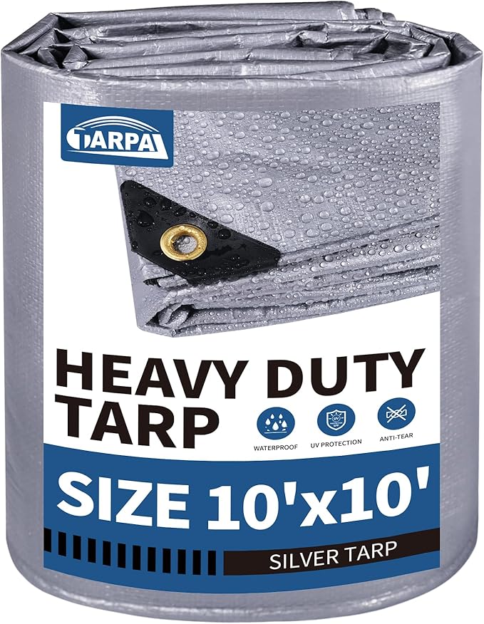 TARPAL 10x10 tarp,Heavy Duty Tarp 14mil Silver Reflective Tarps Waterproof with Grommets and Reinforced Edges UV Protection,Tear Resistant for Firewood,RV,Boat,Roof,Car,Camping