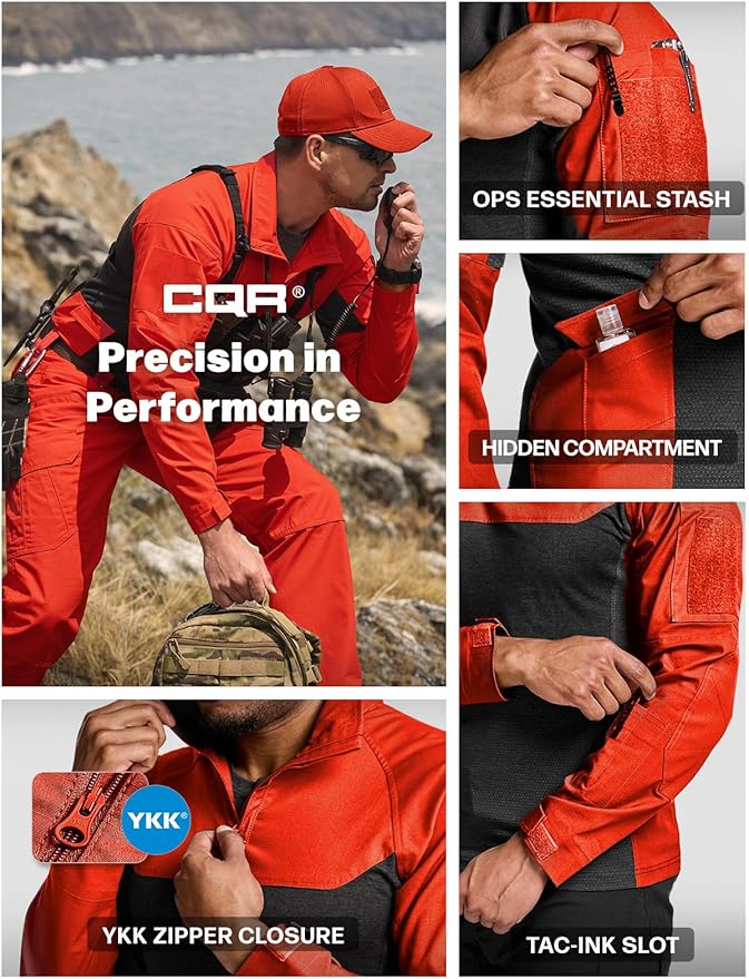 CQR Men's Combat Shirt Tactical 1/4 Zip Long Sleeve Military BDU Shirts Camo EDC Top with Pockets