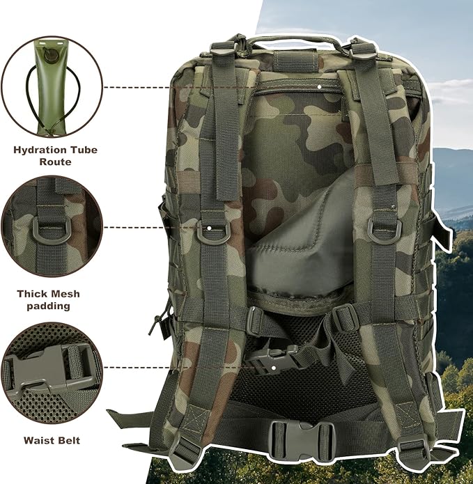 MOLLE Assault Backpack, Tactical Backpack Military Army Camping Rucksack, 3-Day Pack Trip w/USA Flag Patch, D-Rings, Polish Camo