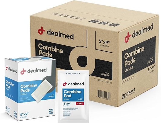 Dealmed Abdominal Combine Pads 5"x9" (400-Pack) Sterile Individually Wrapped, ABD Pads, Absorbent, Non Adherent for Wound Care, Drainage, First Aid, 20/Box (Case of 20)