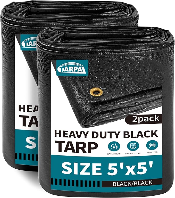 TARPAL Tarp Waterproof 5x5ft（2pack Black Tarps 14mil Heavy Duty Tarp Small Tarps,Water and UV Protection,for Outdoor Furniture Covers Waterproof, Awnings,Roofs,Tents,Pool Cover,Shade Cloth for Garden