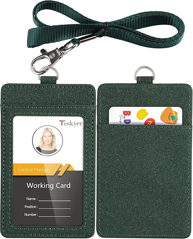 Teskyer Badge Holder with Lanyard, Leather ID Name Badge Card Holder with Lanyard for ID Badges, Vertical, Starry Dark Green
