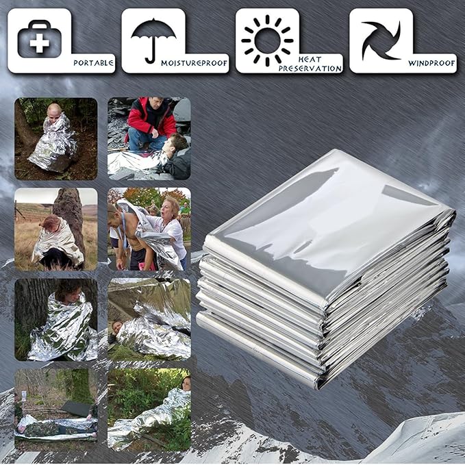 Emergency Foil Blanket (Pack of 50), Survival Thermal Mylar Blankets Individually Packaged Perfect for Outdoors, Hiking, Survival, Marathons or First Aid