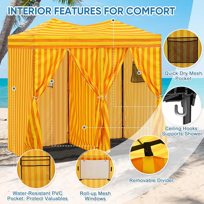 EAGLE PEAK Outdoor Changing Room 8x4, 2 Room Pop Up Portable Changing Room, Sun Shelter, Pop Up Changing Tent for Beach or Pool,Portable Dressing Room for Photoshoots (Yellow/Orange)