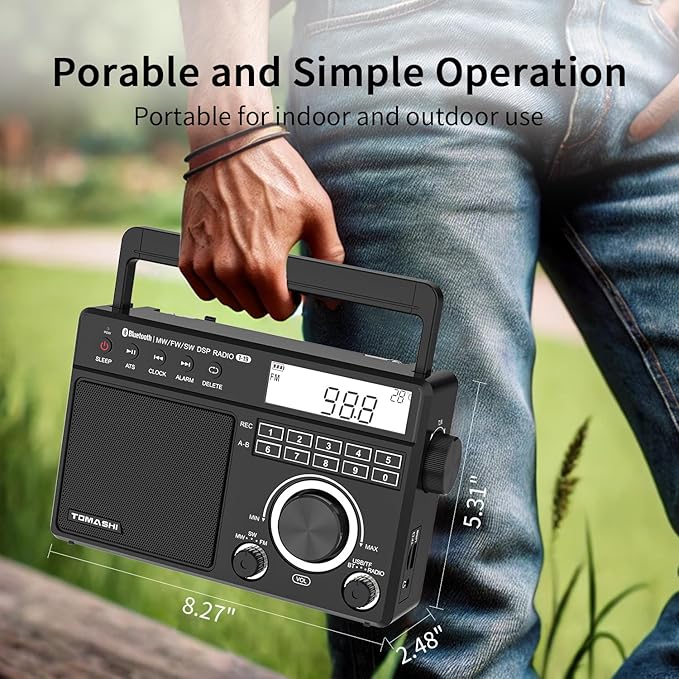 Portable Shortwave MW FM Radio with Bluetooth, ATS Tuning, Clock & Alarm, Recording, MP3/WMA Playback via USB/SD Card, Battery Operated Radio with LCD Display