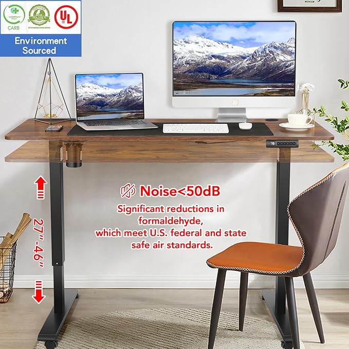 Electric Standing Desk with Wheels, 63'' x 24'' Standing Desk Adjustable Height with Charging Station, 2 USB Ports, 3 Power Outlets, 4 Caster, 27''-46'' Lifting Range Stand up Desk(Brown)