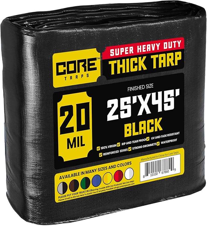 Core Tarps Extreme Heavy Duty 20 Mil Tarp Cover, Waterproof, UV Resistant, Rip and Tear Proof, Poly Tarpaulin with Reinforced Edges for Roof, Camping, Patio, Pool, Boat (Black 25′ X 45′)