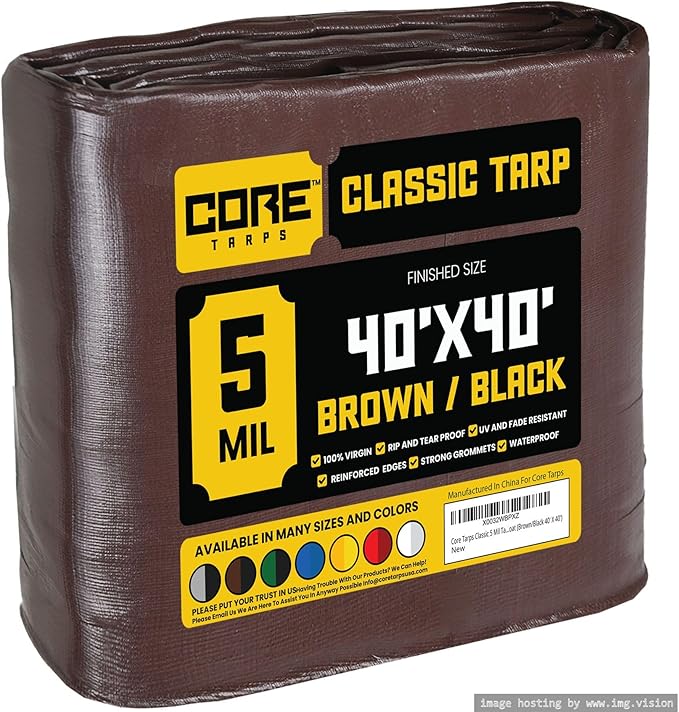 Core Tarps Classic 5 Mil Tarp Cover, Waterproof, UV Resistant, Rip and Tear Proof, Poly Tarpaulin with Reinforced Edges for Roof, Camping, Patio, Pool Cover, Boat (Brown/Black 40′ X 40′)