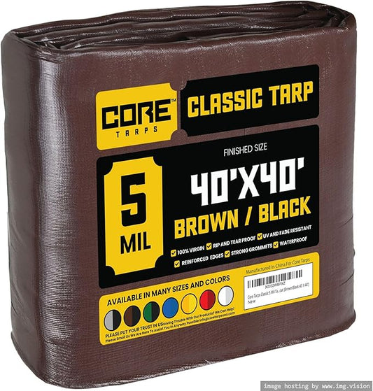 Core Tarps Classic 5 Mil Tarp Cover, Waterproof, UV Resistant, Rip and Tear Proof, Poly Tarpaulin with Reinforced Edges for Roof, Camping, Patio, Pool Cover, Boat (Brown/Black 40′ X 40′)