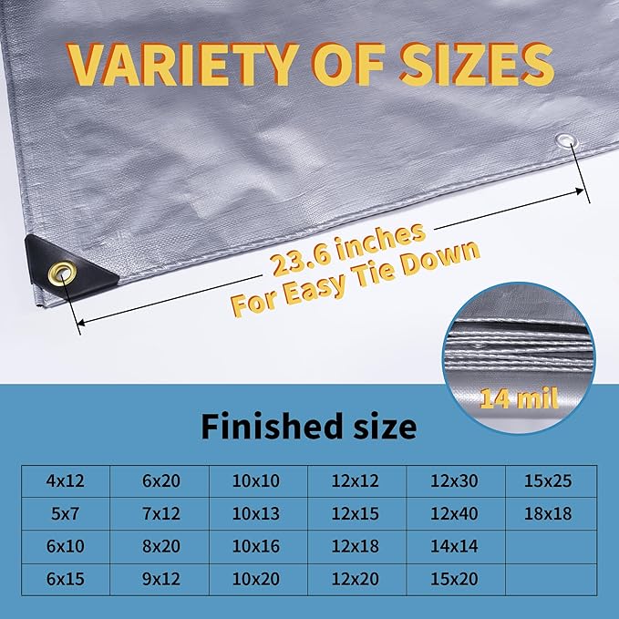 TARPAL 8x20 tarp,Heavy Duty Tarp 14mil Silver Reflective Tarps Waterproof with Grommets and Reinforced Edges UV Protection,Tear Resistant for Firewood,RV,Boat,Roof,Car,Camping