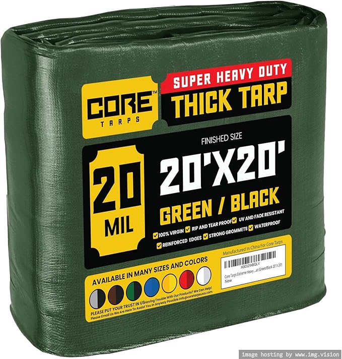 Core Tarps Extreme Heavy Duty 20 Mil Tarp Cover, Waterproof, UV Resistant, Rip and Tear Proof, Poly Tarpaulin with Reinforced Edges for Roof, Camping, Patio, Pool, Boat (Green/Black 20′ X 20′)