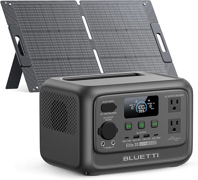 BLUETTI Elite 30 V2 Solar Generator with 100W Solar Panel (Ships Separately), 288Wh LiFePO4 Portable Power Station, 600W AC Outlets (1500W Power Lifting), for Camping, Home Use, Emergency