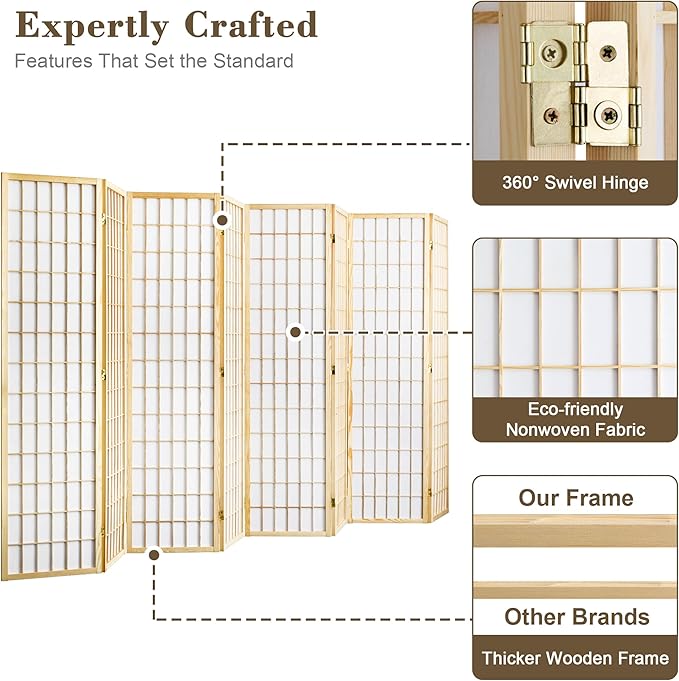 WelFurGeer 8 Panel Room Divider, Folding Privacy Shoji Screens, Room Partitions and Dividers, Decorative Room Dividers, Wall Dividers for Room Separation, Japanese Wood Room Divider for Home (Natural)