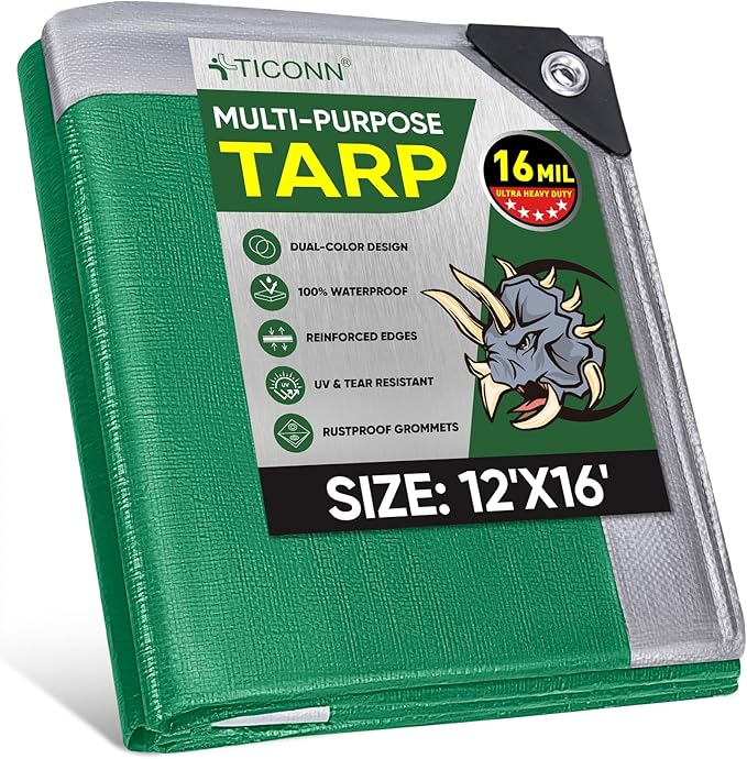 TICONN Heavy Duty Tarp Cover, Extra Thick Tarps Waterproof Tear and Rip Proof UV Resistant Tarpaulin with Reinforced Grommets and Edges (16 Mil, 12'x16')