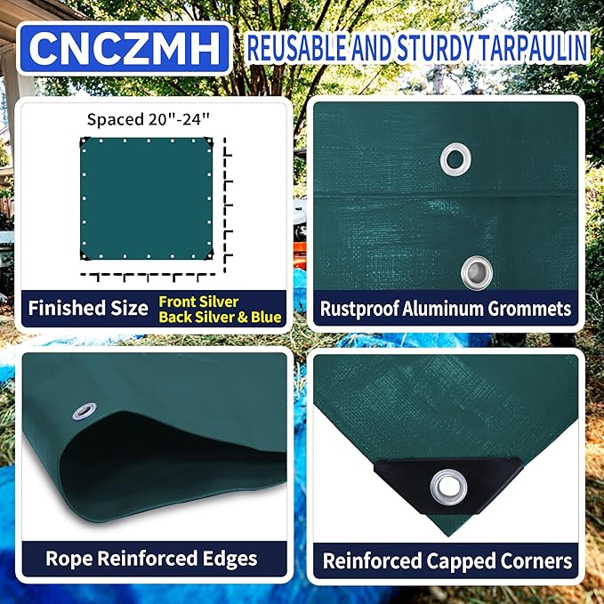 Heavy Duty Tarp Waterproof 10x10 Feet, 10 Mil Thick Green Poly Tarps Outdoor, Metal Grommets, Reinforced Edges, Multipurpose Tarpaulin Protective Cover for Camping, Boat, Swimming Pools, Car