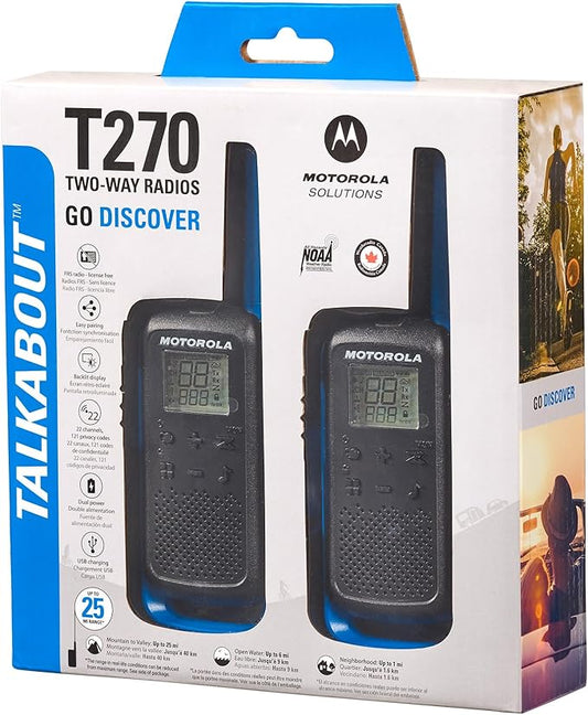 Motorola Solutions, Portable FRS, T270, Talkabout, Two-Way Radios, Rechargeable, 22 Channel, 25 Mile, Black W/Blue, 2 Pack