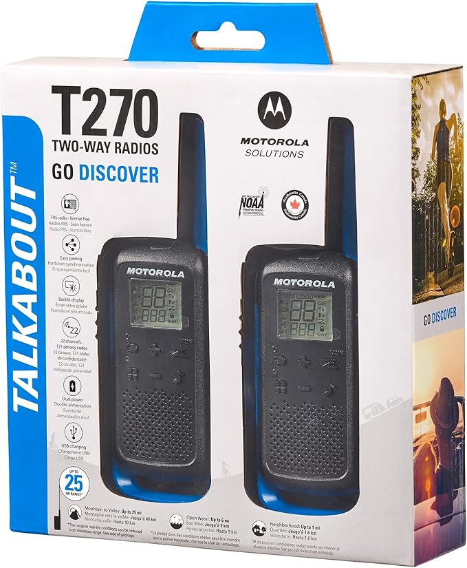 Motorola Solutions, Portable FRS, T270, Talkabout, Two-Way Radios, Rechargeable, 22 Channel, 25 Mile, Black W/Blue, 2 Pack