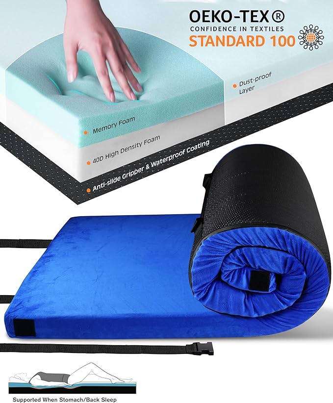 3 Inch Memory Foam Camping Mattress, Dual Layer Thick Sleeping Camp Pad for Car Tent Cot, Roll-Up Portable Glamping Floor Bed for Guests Sleepover