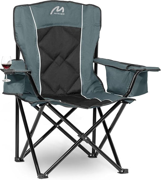 Oversized Padded Camping Chair, Heavy-Duty Steel Frame for 450 lbs Supports, Convenient 6-Can Cooler, Portable Carry Bag, Perfect for Outdoor, Beach, and Hiking (Gray & Black)