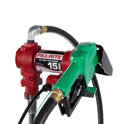 Fill-Rite FR1210HA1 12V 15 GPM Fuel Transfer Pump with Discharge Hose & Automatic Nozzle, Green - Gasoline, Diesel, Kerosene, Ethanol & Methanol Blends & Biodiesel
