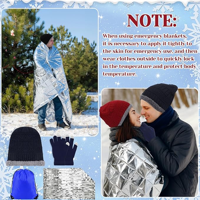 Geyoga 120 Pcs Charity Donation Homeless Care Supplies Bulk Winter Beanie Emergency Blanket Touchscreen Glove Drawstring Bags