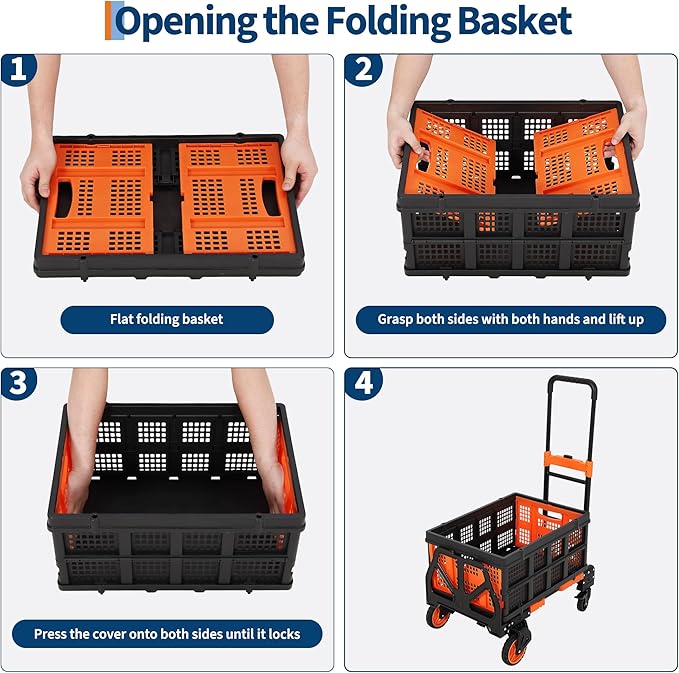 Folding Hand Truck, 330 LB Heavy Duty Dolly Cart with Foldable Basket, Foldable Hand Truck with Bungee Rope, Rubber Wheels and Retractable Handle for Luggage, Travel, Moving, Office