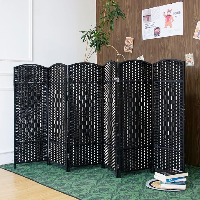 6 Panel Rattan Divider Short Room Partition Screen,Double Sided Folding Divider for Room Separation,Black,47.2" H x 94.5" W