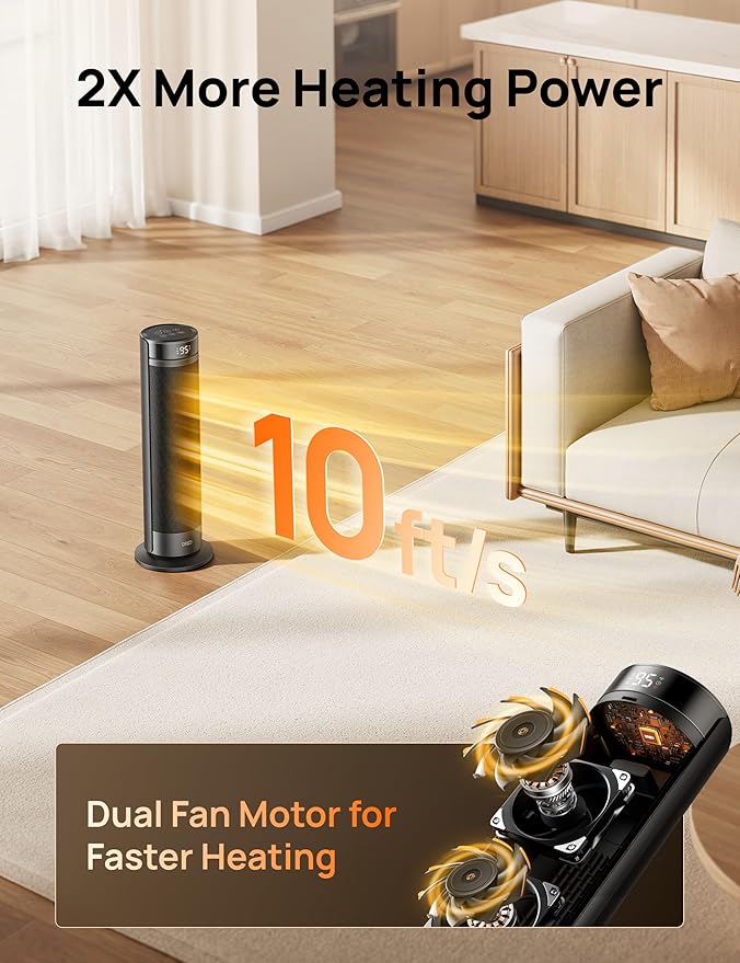 Dreo Space Heater for Large Room, 23 Inch Electric Heaters for Indoor Use, 8 Safe Protection Tower, 70° Oscillation, PTC Ceramic with Thermostat and Remote, Quiet, 12H Timer, Bedroom, Office