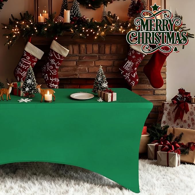 IVAPUPU 2 Pack 6FT Table Cloth for Rectangular Fitted Events Stretch Emerald Green Table Covers Washable Spandex Christmas Tablecloth Protector for Party, Wedding, Cocktail, Banquet, Festival