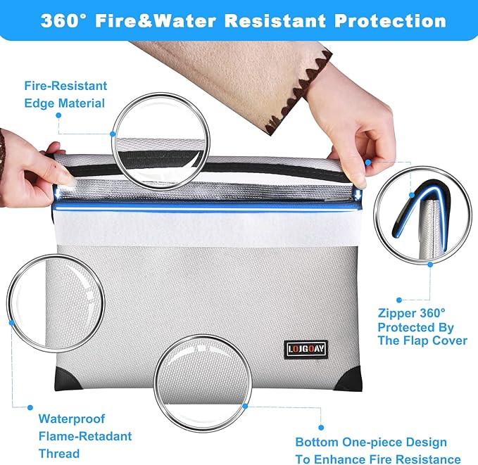 Waterproof Fireproof Document Bag - 5200°F with Heat Insulated, fireproof bags with Zipper, Fire Safe Envelope Bag for Cash/Important Documents/Valuables, 13.9"x10.6" fire proof money bag