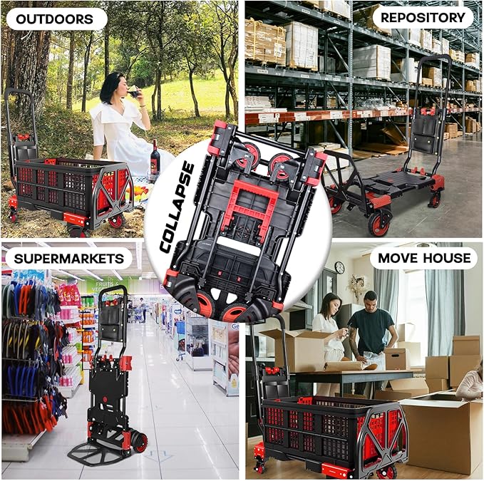 Folding Hand Truck, 2 in 1 Portable Heavy Duty Carrying Moving Dolly Cart with 4 Foldable Wheels and Retractable Handle Duty 330lbs (Red)