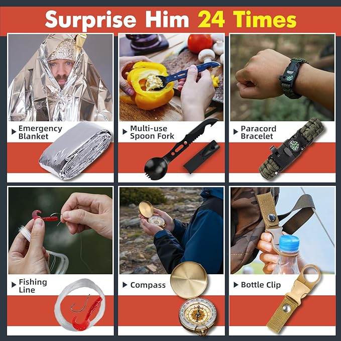 VEITORLD Gifts for Men Dad Him Christmas - Survival Gear and Equipment 12 in 1, Survival Kits - Cool Unique Fishing Hunting Birthday Gifts for Husband Teen Boy Boyfriend Women, Mens Stocking Stuffers