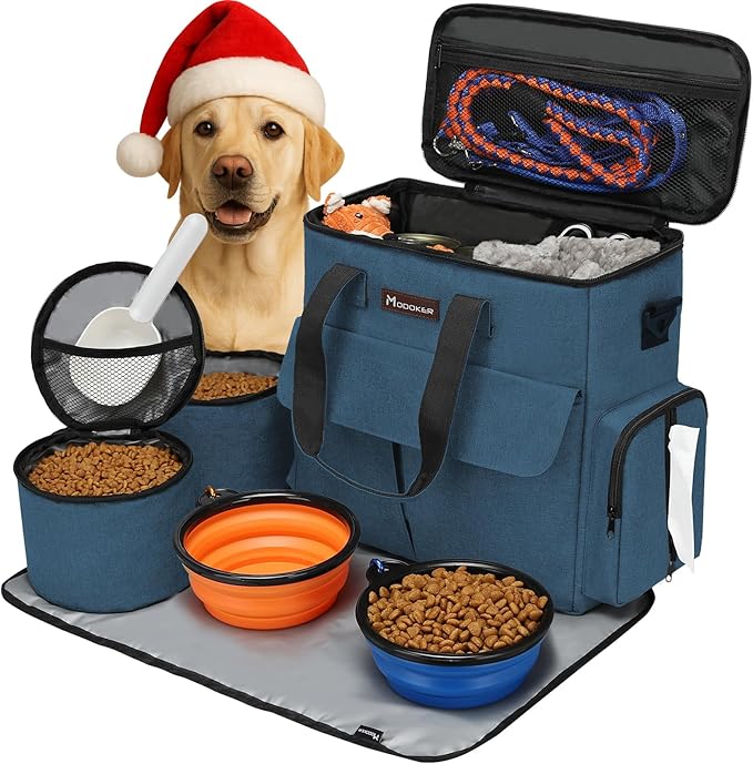 Modoker Dog Travel Bag, Weekend Pet Travel Set for Dog and Cat, Airline Approved Tote Organizer with Multi-Function Pockets, 2 Food Storage Containers, 2 Collapsible Bowls, 1 Feeding Mat (Blue)