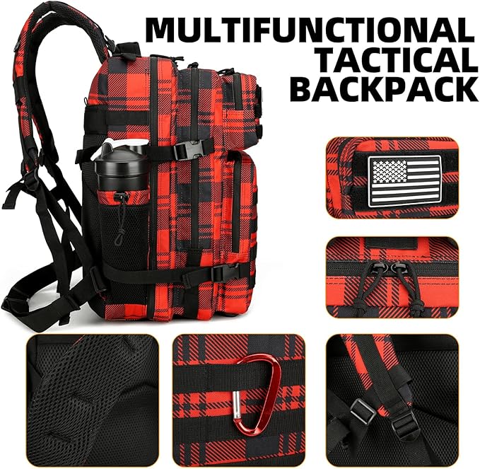 25L Tactical Backpack for Men and Women Military Backpack Small Assault Pack Molle Backpack Bug Out Bag Travel Rucksack Daypack (Red Plaid)