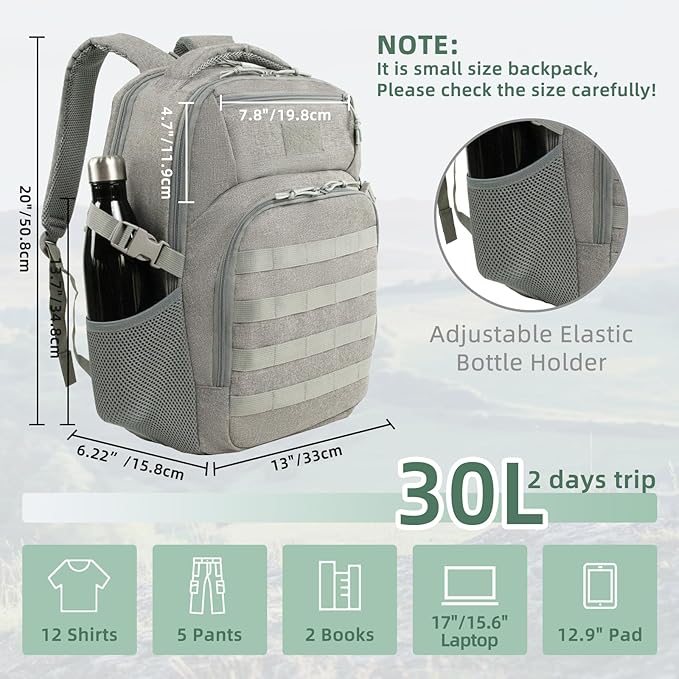 Military Tactical Backpack for Travel Hiking, 30L Backpack for Men and Women with Bottle Holder, Small Laptop Backpack for Work, College Computer Bag Fits 15.6/17 Inch Laptop and Notebook - Gray