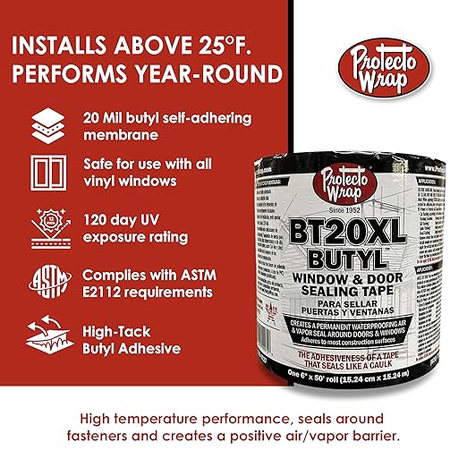 Protecto Wrap BT20XL Butyl Window Flashing Tape 6" x 50' – Professional Grade All Weather Waterproof Door & Sill Pan Sealing Tape | Self-Adhered Butyl Flashing for Windows & Sheathing Joints