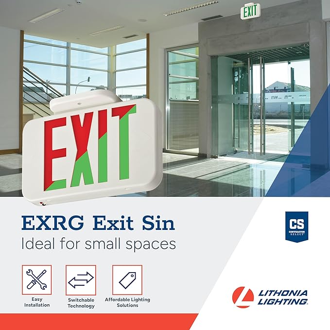Lithonia Lighting Single-Sided LED Exit Sign, Thermoplastic Construction, Switchable Red and Green Colors, AC Power, Includes Extra Faceplate, White (EXRG M6)