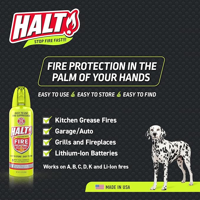HALT! 10oz Fire Safety Spray – Non-Toxic, PFAS-Free Handheld Fire Suppressor – Easy to Use, Store & Find – Compact & Portable for Home, Kitchen, Car, BBQ, Camping & Tailgate – Made in USA (4pk)